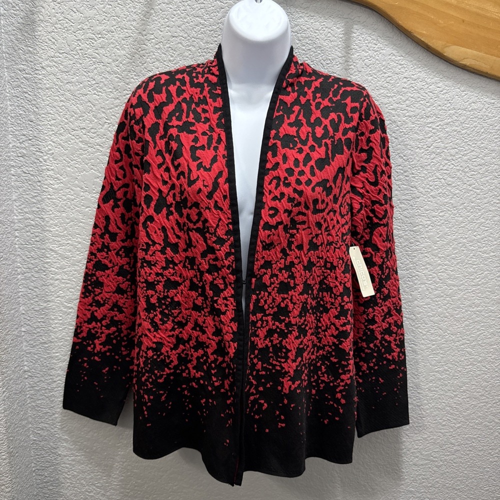 Chico's Cardigan Women‎ Size S/0 Red Black Animal Blister Ombre Hook Closure NWT